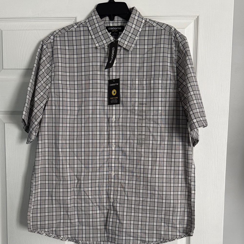 Claiborne Men's Short-Sleeve Plaid Button-Down Shirt - White & Gray